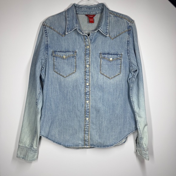 Sundance Vintage Denim Western Pearl Snap Button Shirt Size 14 Light Wash - Picture 2 of 11